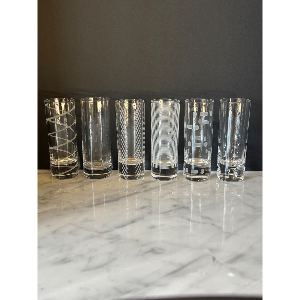 Set of 6 Etched Cordial Glasses Frosted Geometric Patterns Weighted Base 4.25in